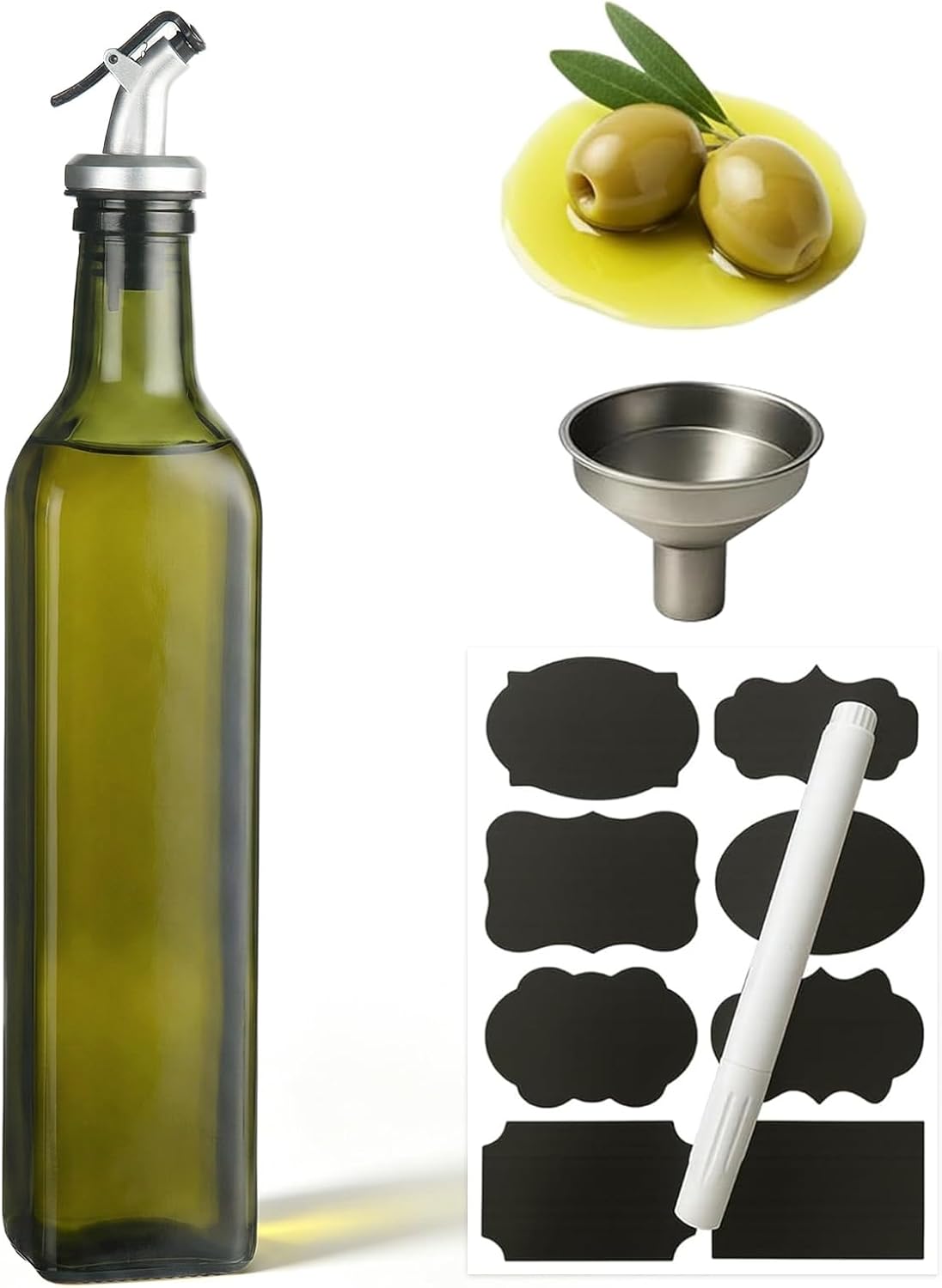 WERTIOO Olive Oil Dispenser Bottle,4Pack 17 OZ Glass Oil Dispenser for Kitchen with 4 Pourer,2 Stainless Steel Funnel & 1 Pen and 8 Label for Kitchen (500ml)