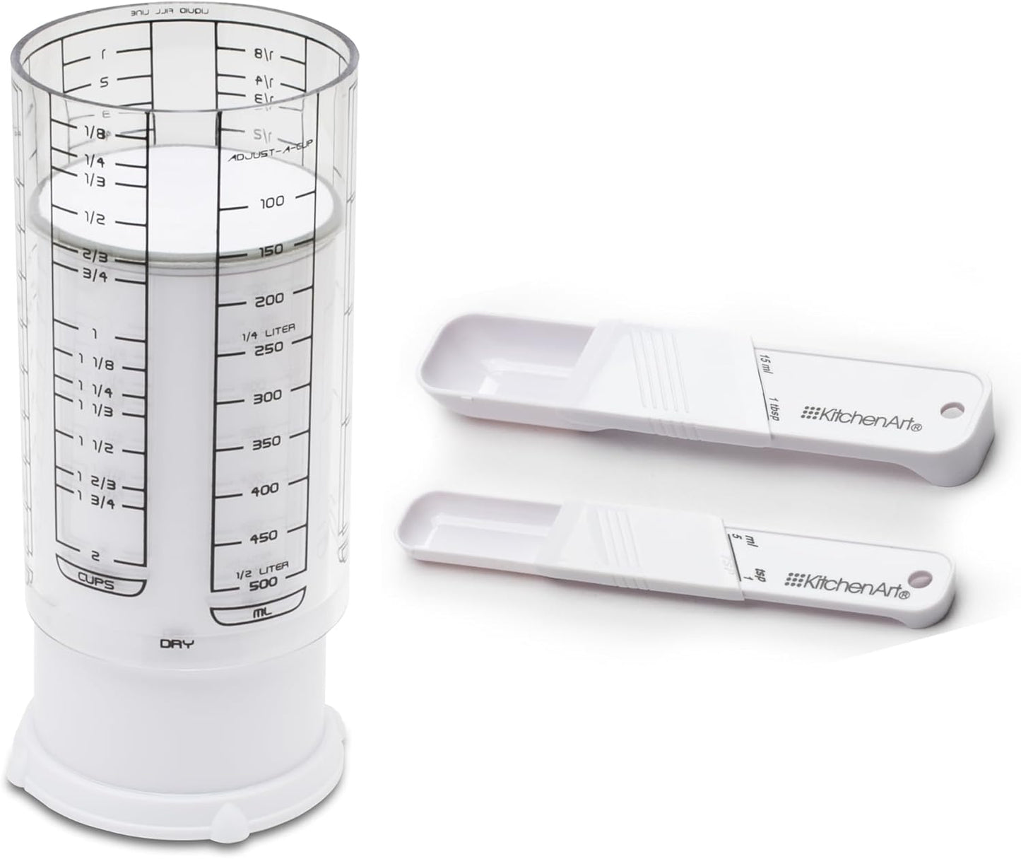 KitchenArt Adjustable Measuring Tool Set, Includes Adjustable Teaspoon, Tablespoon, and 2 Cup Measuring Cup