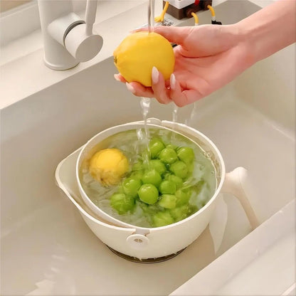 2-1 Kitchen Colander Rotating Washing Basket with Handle - Pasta Strainer - Fruit Washing Bowl with Strainer - Fruit Rinser Container (Avocado Green)