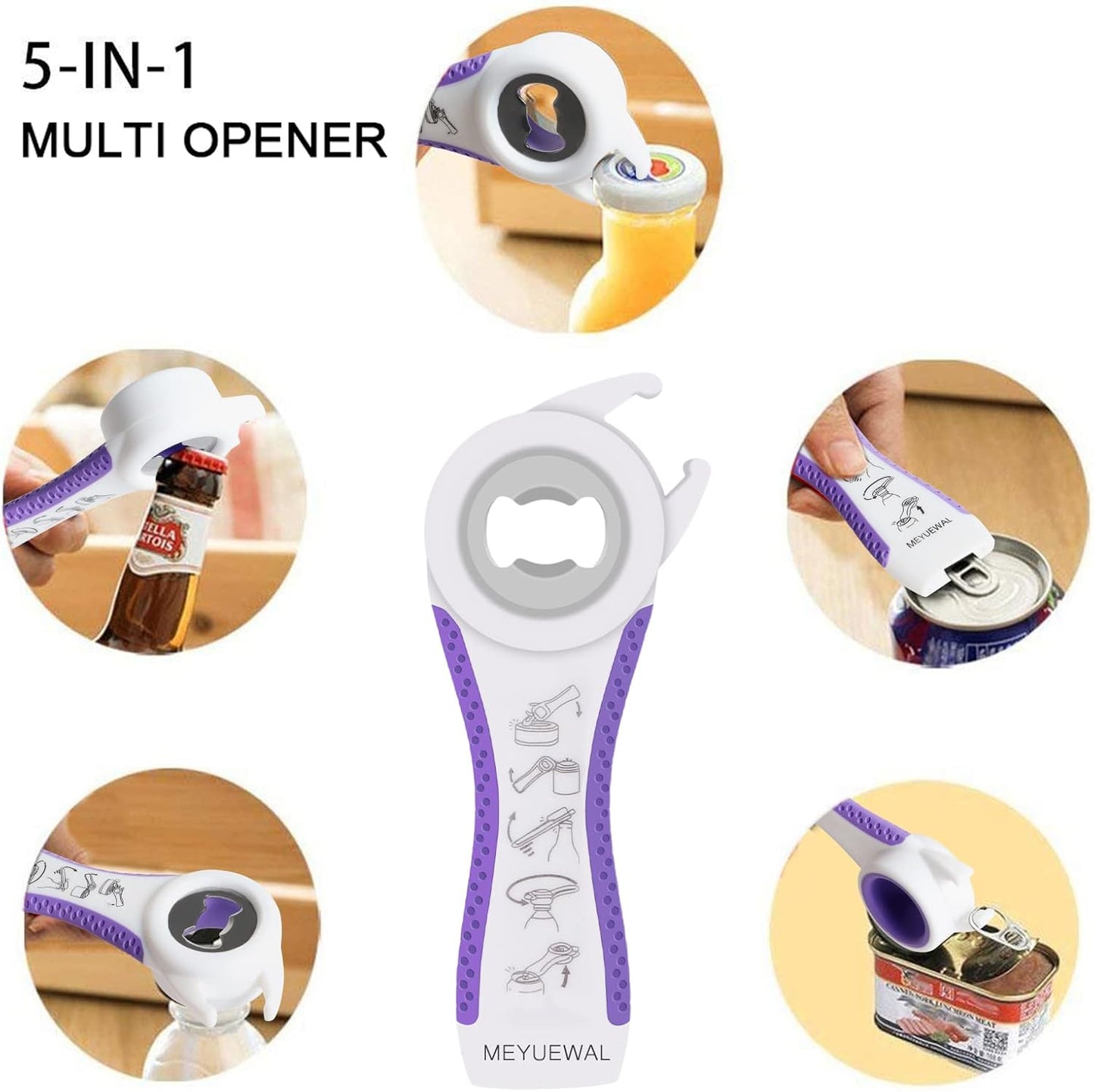Jar Opener, 5 in 1 Multi Function Can Opener Bottle Opener Kit with Silicone Handle Easy to Use for Children, Elderly and Arthritis Sufferers (Apple Red）