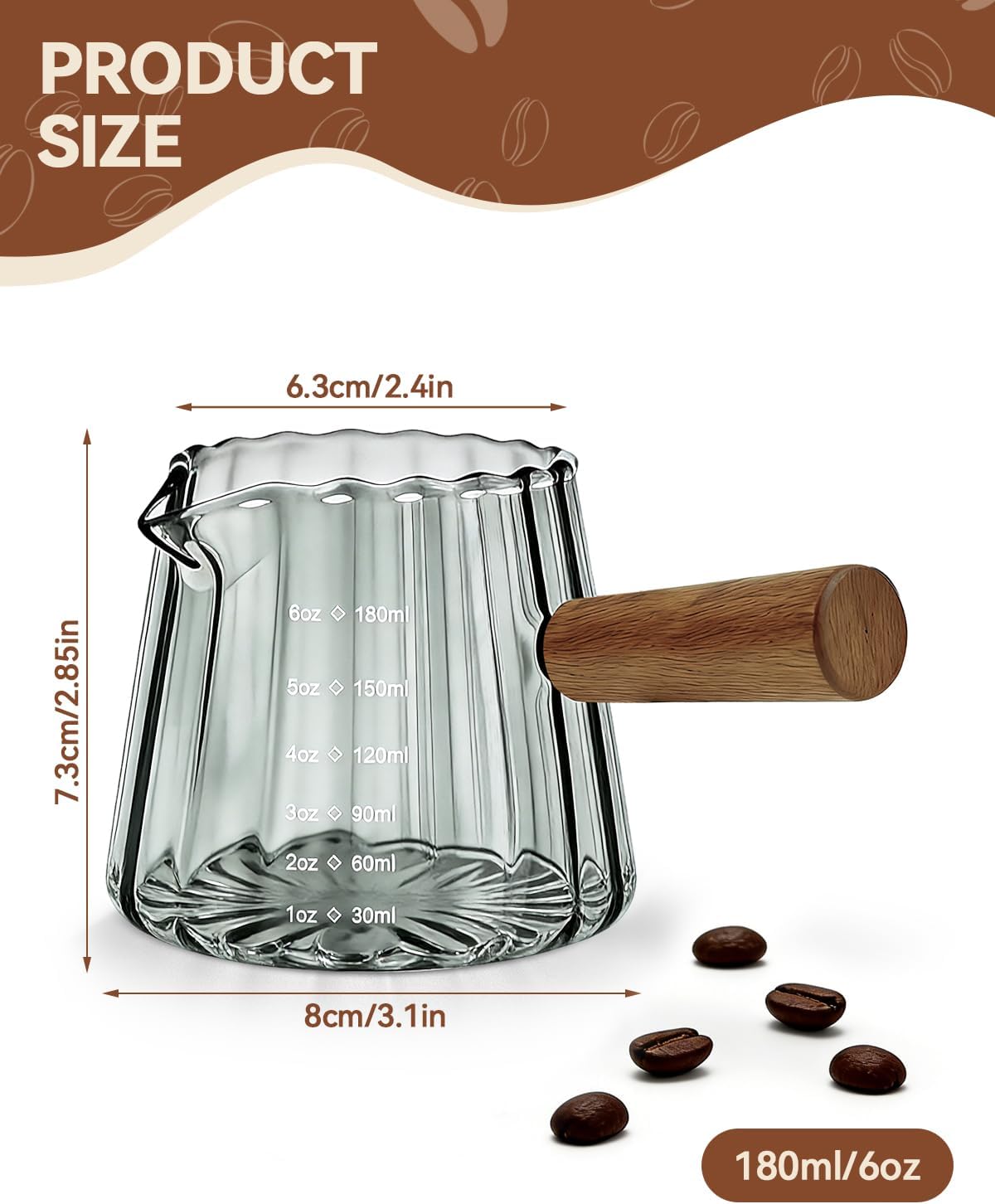 2 PCS Espresso Measuring Cup 6 Oz, Espresso Glass Cups with Wood Handle, Milk Frothing Cup, Espresso Cup for Coffee, Milk, Tea or Maple Syrup Serving