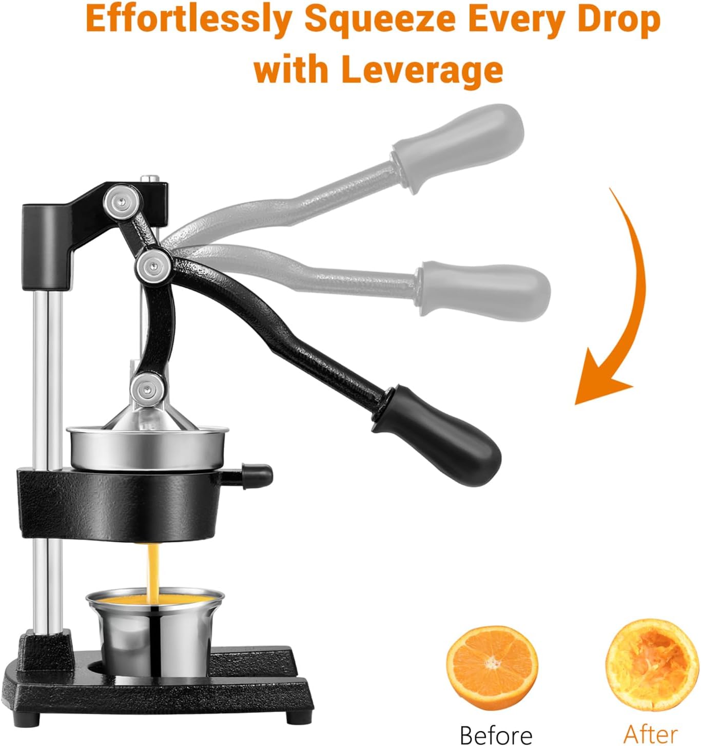 TONGCHANT Manual Juicer, Heavy Duty Cast Iron Juicer | Hand Press Juicer for Orange Lemon Lime Pomegranate & Citrus Fruits, High Leverage for Easy Juicing, Stainless Steel Cup, Easy to Clean, Black