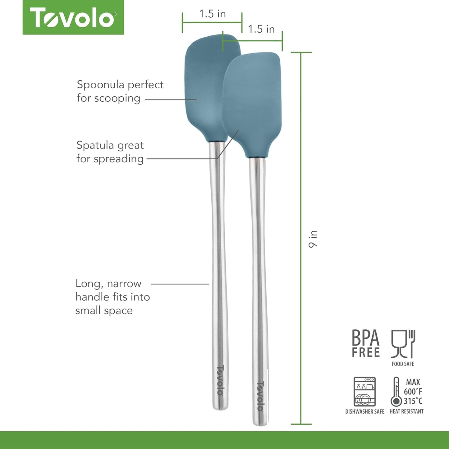 Tovolo Flex Core Silicone Spatula Spoonula Set of 2 for Non Stick Cast Iron Cooking & Baking, Dishwasher Safe Heat Resistant BPA Free Long Stainless Steel Handle Kitchen Utensil, Charcoal Gray