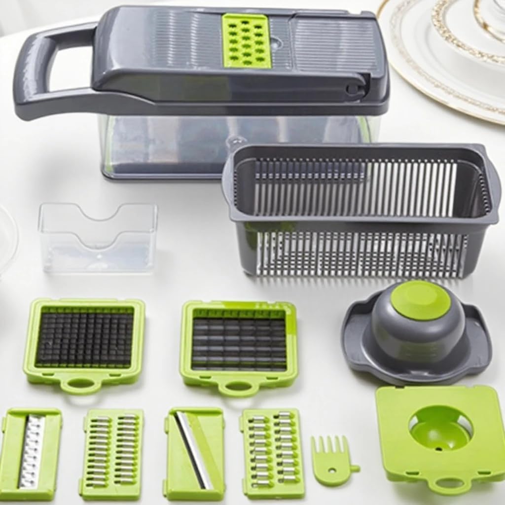 15-in-1 Vegetable Chopper, Multifunctional Mandoline Slicer with 8 Interchangeable Blades, with Container for Fruits, Veggies, Potato, Onion, Tomato – Kitchen Dicer Cheese Grater. By Lonachamari
