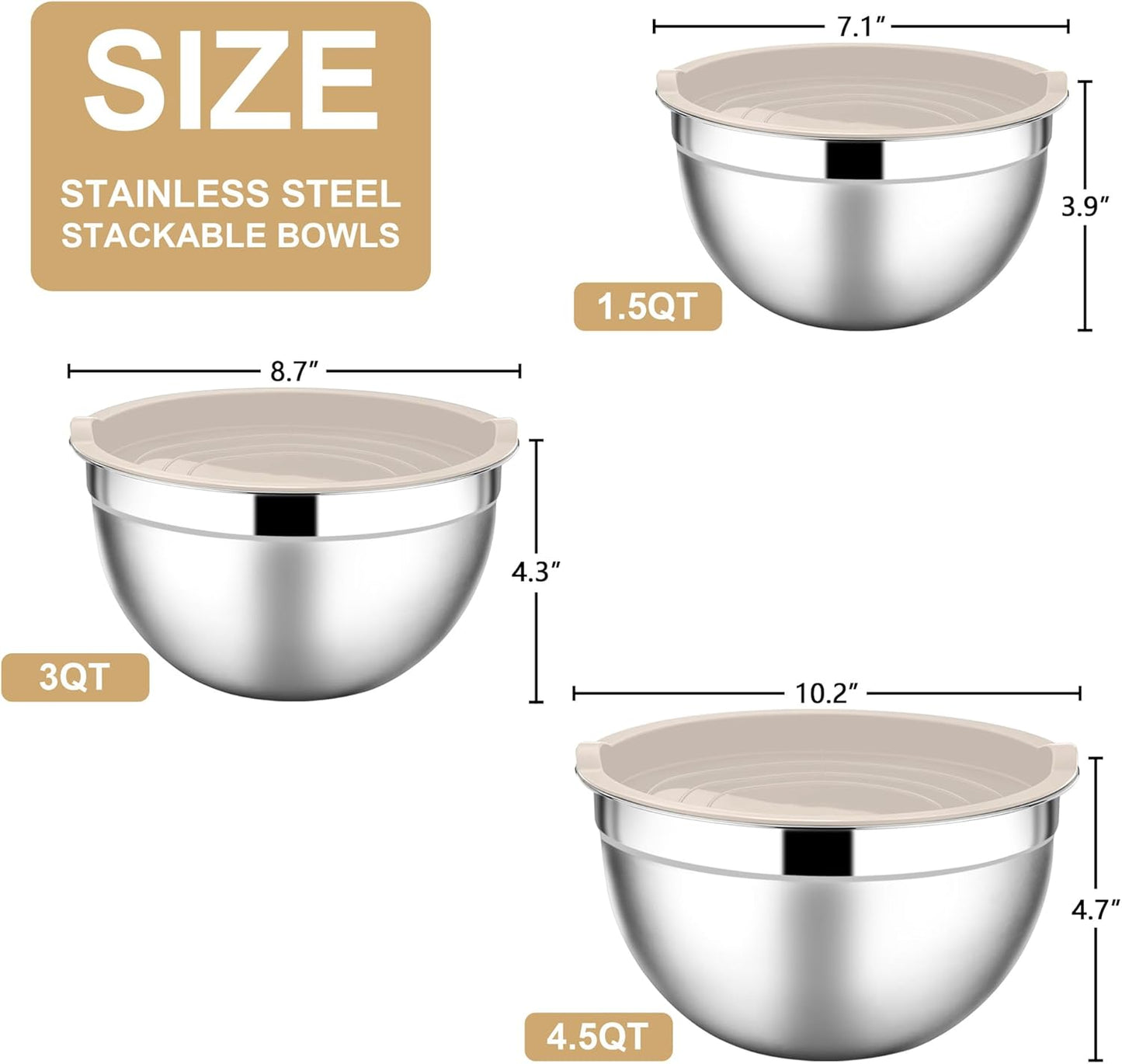 E-far Mixing Bowls with Lids, 6-Piece Stainless Steel Salad Bowls Metal Nesting Bowls for Baking Cooking and Prepping, Airtight Lids & Stackable Design, Size 4.5, 3, 1.5 QT (Black)