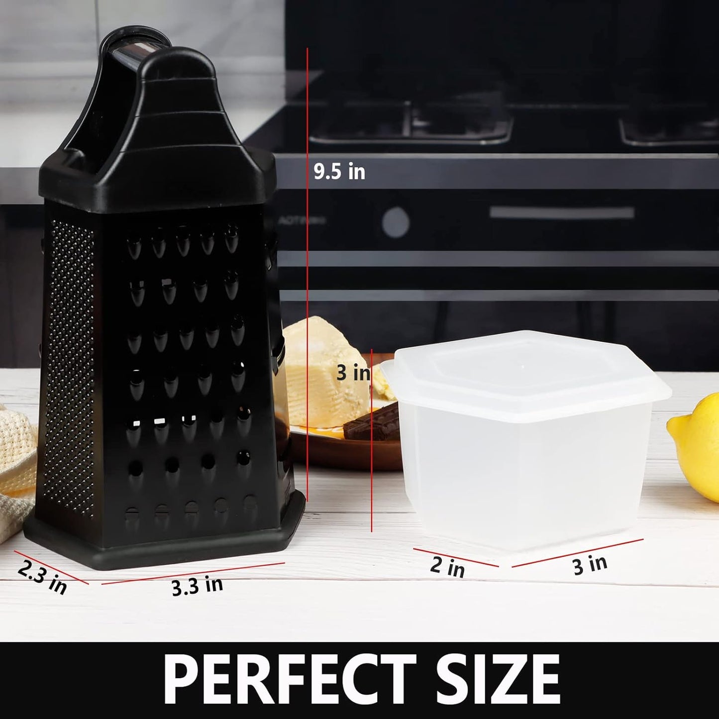 Box Grater, Cheese Grater Shredder Stainless Steel with 6 Sides, Best for Parmesan Cheese, Vegetables, Potatoes, Carrot, Ginger, Mandoline Vegetable Slicer with Detachable Container, Silver