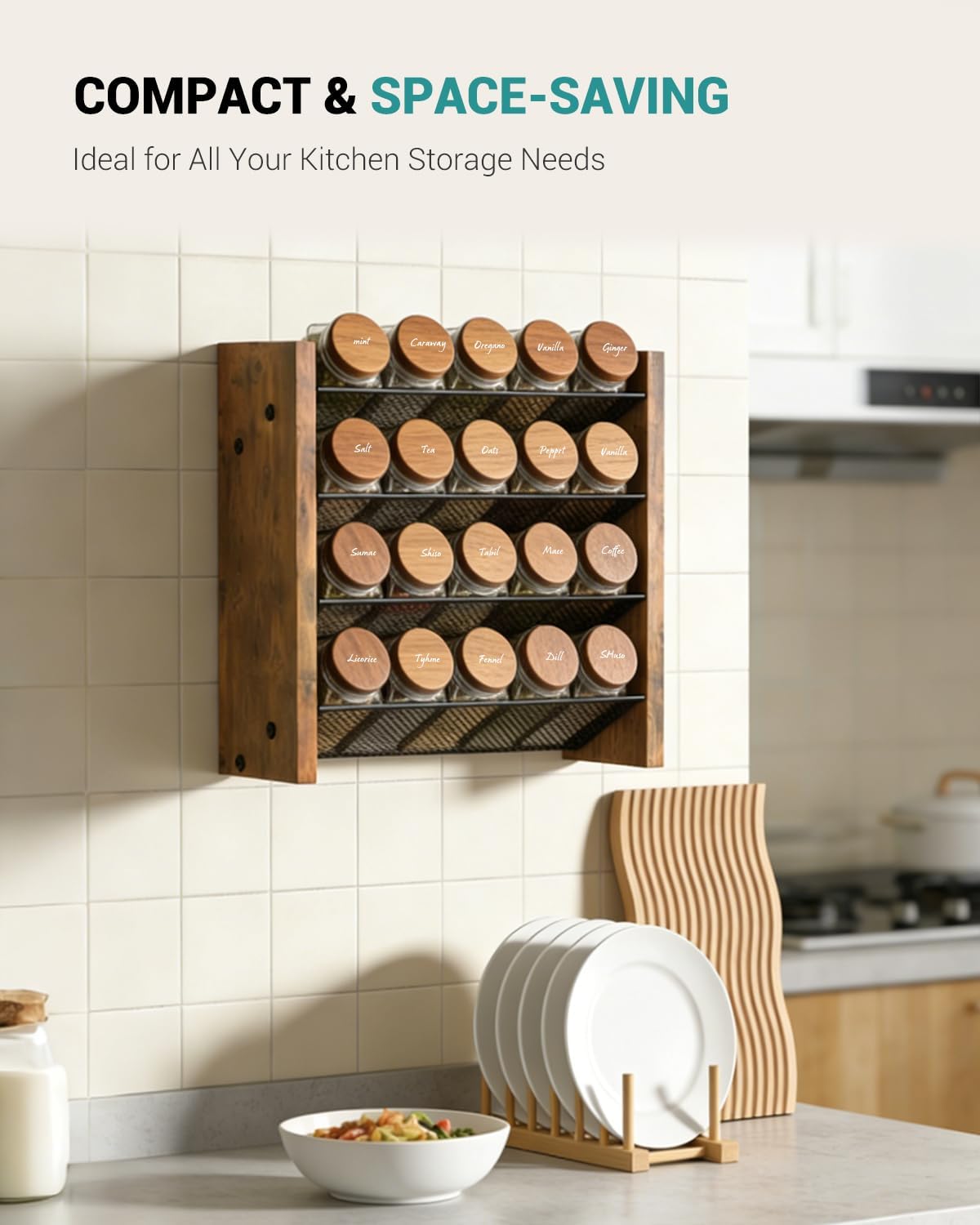 NESAPTO Spice Rack Organizer for Cabinet, Wood 4-Tier Vertical Seasoning Organizer, Wall Mount or Countertop Spice Shelf, Holds 28 Jars (No Jars Included), 14" W x 9.4" H