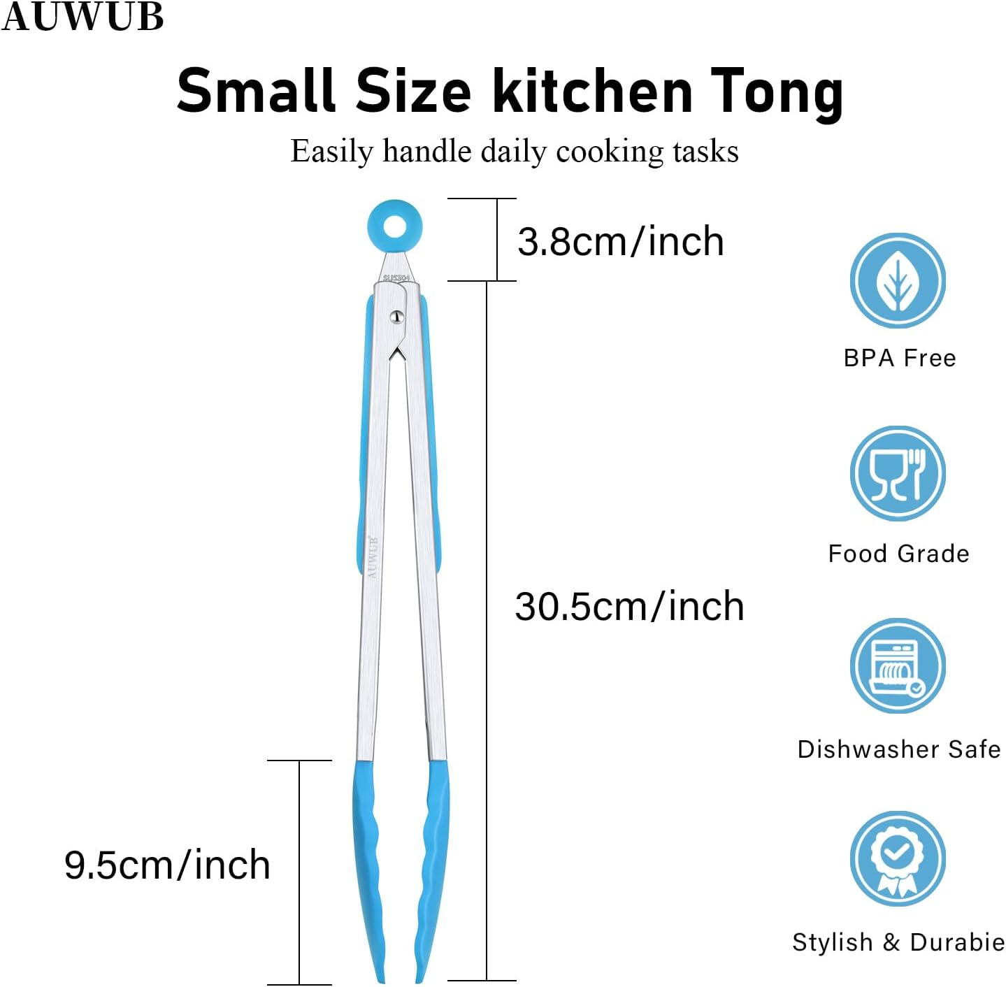 9+12 Inch Blue Salad Tongs 2-Piece Set, Silicone with 304 Stainless Steel Core & Non-Slip Grip, Kitchen Utensils for Grilling Salad