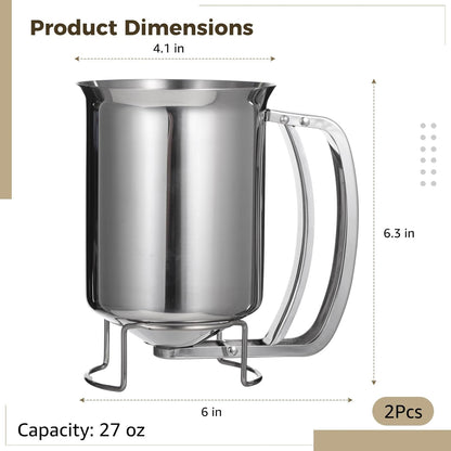 2 PCS Stainless Steel Batter Dispenser, 27 oz Pancake Batter Dispensing Container with Handle, Manual Cupcake Mix Dispenser for Cooking, Baking, Candle Making, Kitchen and DIY Use