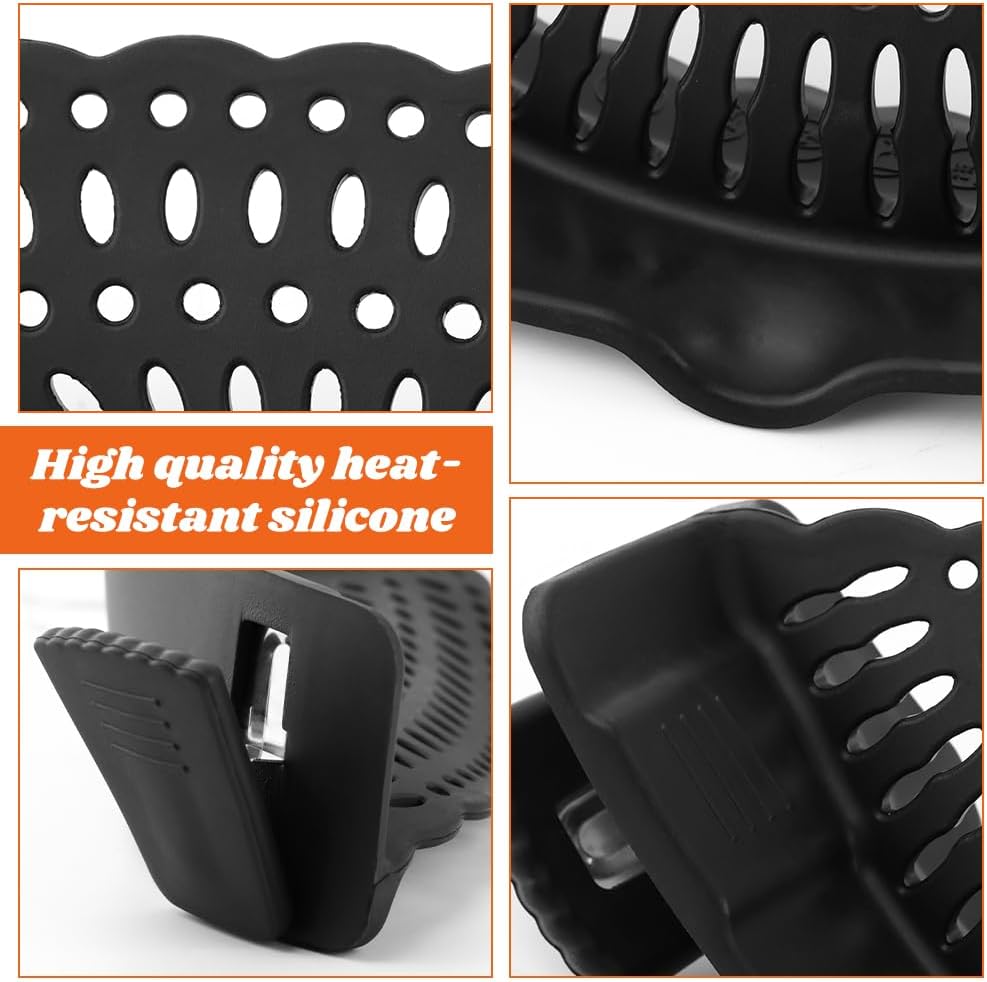 Clip on Strainer with Scraper,Silicone Strainer for Pots and Pans Adjustable Pasta Colander for Meat Vegetables Fruit Universal Fit For All Utensils(COLOR:black)