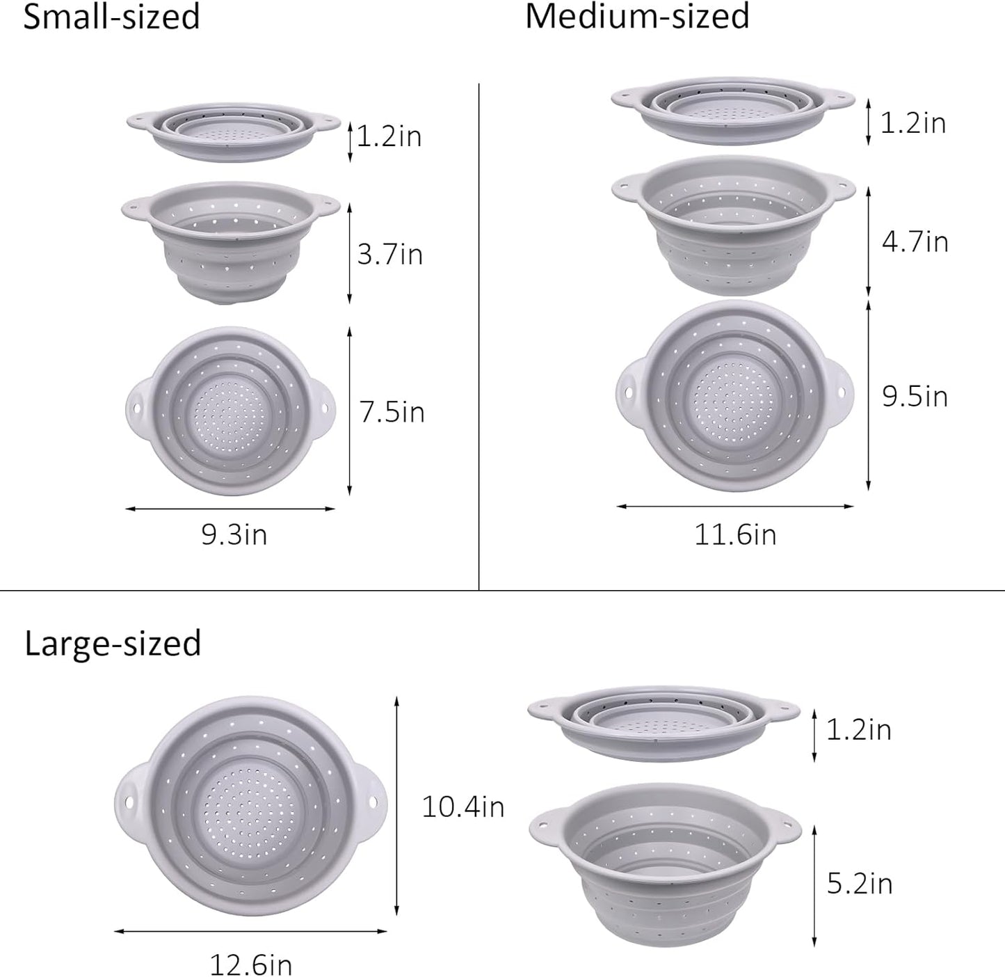 Silicone Collapsible Colander Set of 3, Thickened Foldable Strainers with Stainless Steel Rim, Heat-Resistant for Pasta, Washing Fruit, Vegetable Storage, Dishwasher Safe, BPA Free