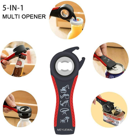 Jar Opener, 5 in 1 Multi Function Can Opener Bottle Opener Kit with Silicone Handle Easy to Use for Children, Elderly and Arthritis Sufferers (Apple Red）