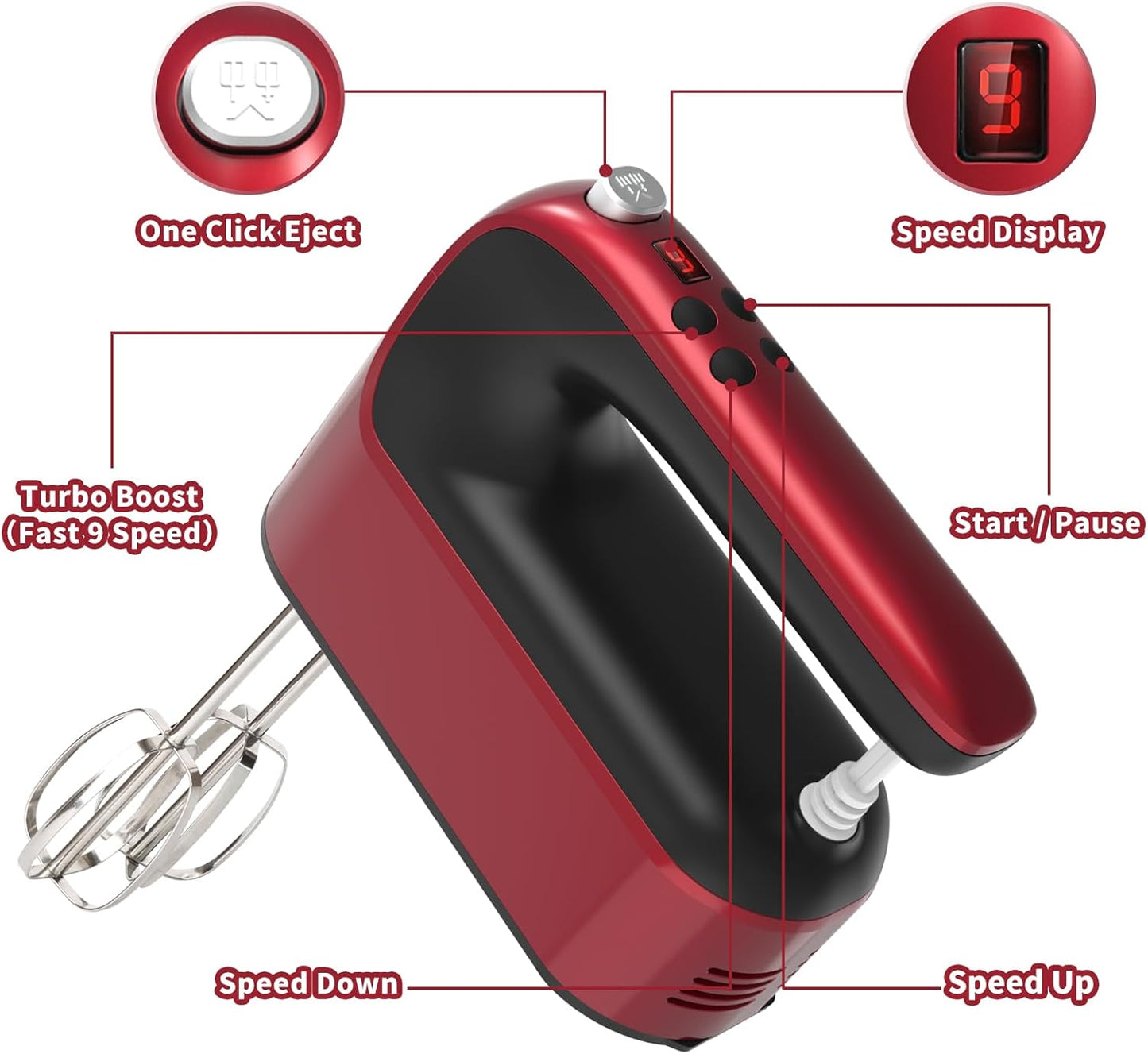Yomelo 9-Speed Digital Hand Mixer Electric, 400W Powerful DC Motor, Hand Mixer Electric Handheld with Snap-On Storage Case, 5 Stainless Steel Accessories, Beaters, Dough Hooks, Whisk(Ice Blue/Black)