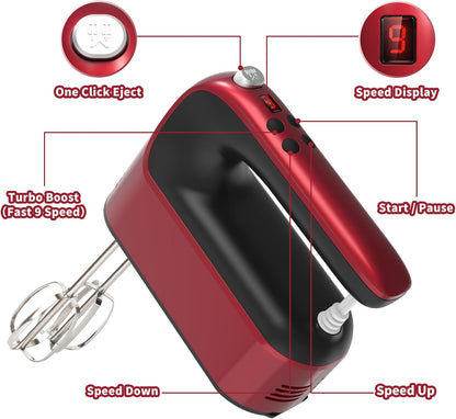 Yomelo 9-Speed Digital Hand Mixer Electric, 400W Powerful DC Motor, Hand Mixer Electric Handheld with Snap-On Storage Case, 5 Stainless Steel Accessories, Beaters, Dough Hooks, Whisk(Ice Blue/Black)