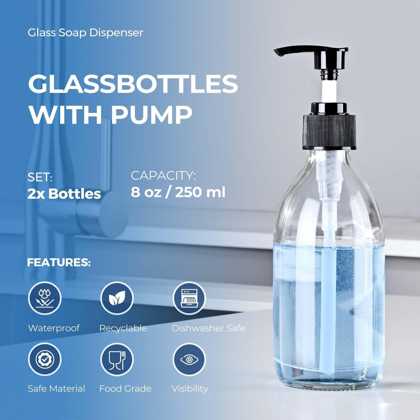 8 oz Amber Glass Pump Bottle, 250ml Glass Soap Dispenser Bottle for Body Lotion Massage Oil, Refillable Empty Hand and Dish Soap Dispensers Set with Labels - 2 Pack