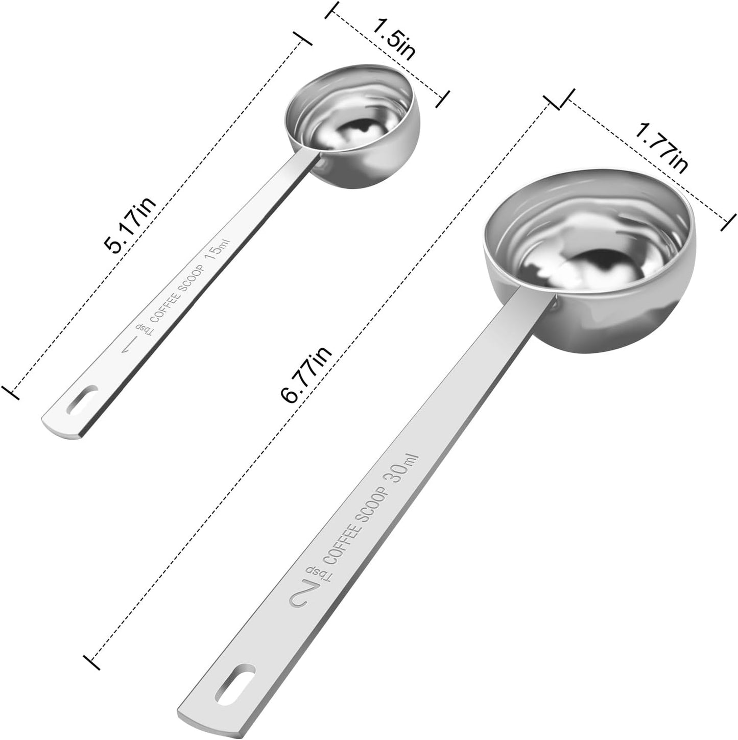 Safring Coffee Scoop Set, Tablespoon Scoop 2 Pc Set (1 Tbsp & 2 Tbsp), Stainless Steel Measuring Spoons for Ground Coffee with Short Handles, for Tea, Sugar, or Flour