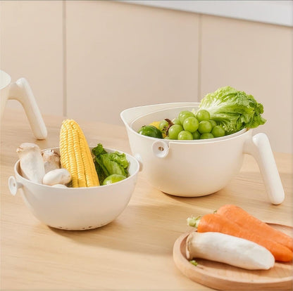 2-1 Kitchen Colander Rotating Washing Basket with Handle - Pasta Strainer - Fruit Washing Bowl with Strainer - Fruit Rinser Container (Avocado Green)