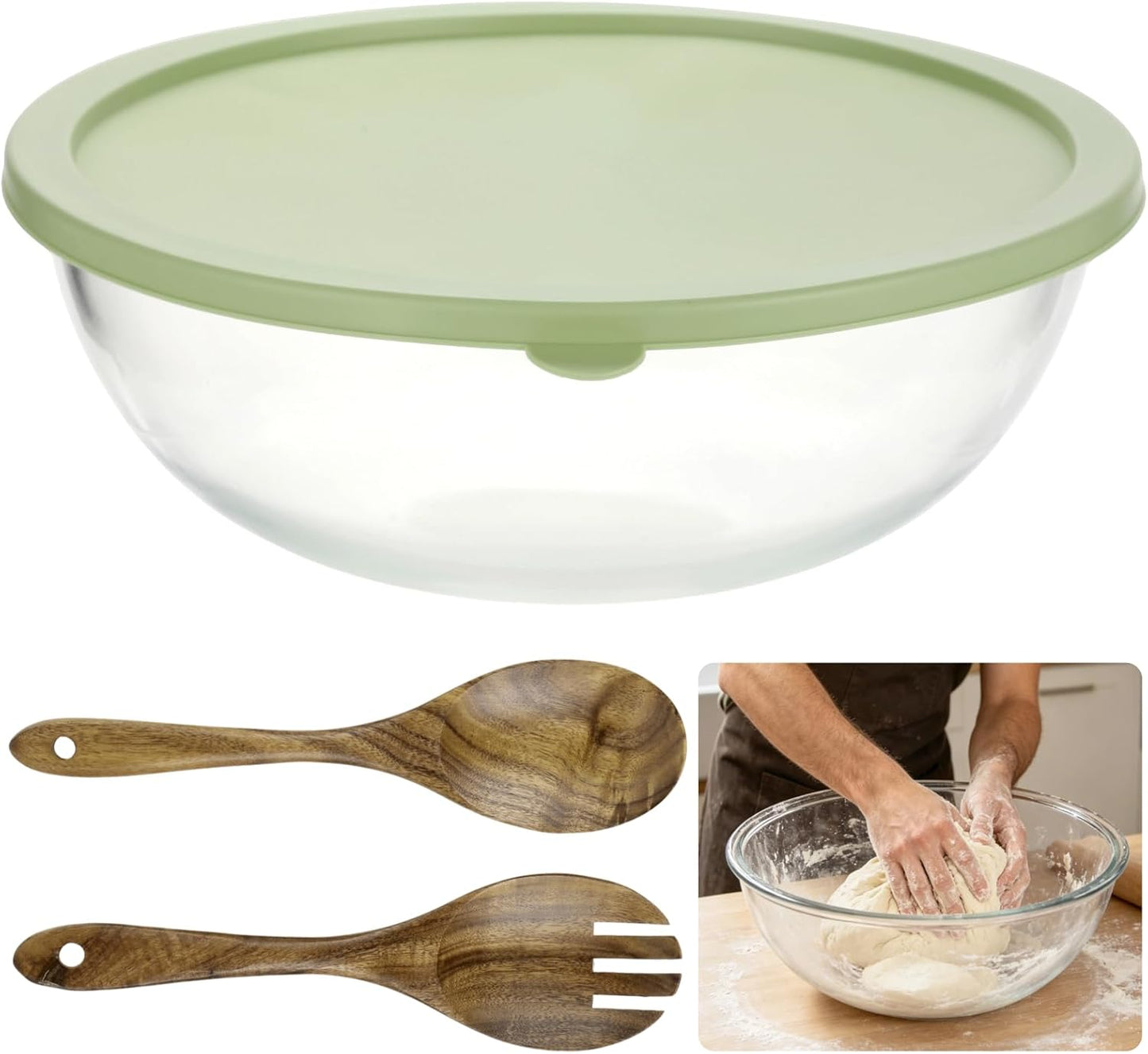 ZALIR Large Capacity Dough Mixing Bowl with Silicone Lid, Clear Glass Basin with Acacia Wood Salad Spoon & Fork for Home Baking, 6.9 qt / 6.55 L Basin for Kneading, Rising, Proofing Dough