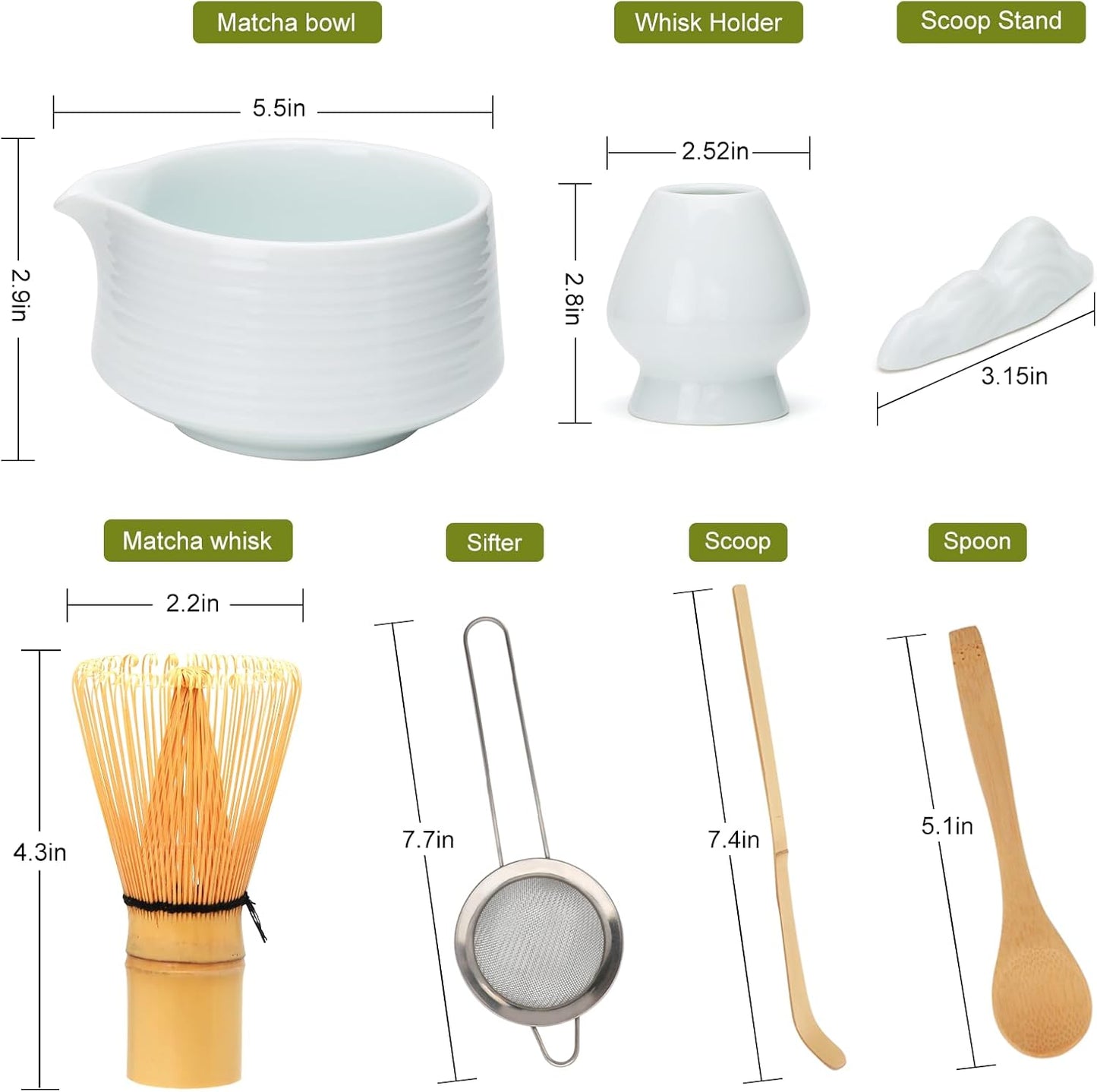 Accguan Matcha Whisk Set, 7pcs - Bamboo & Ceramic, Includes 19 oz Bowl, Whisk, Spoons, Holder, Sifter & More - Perfect for Matcha Lovers