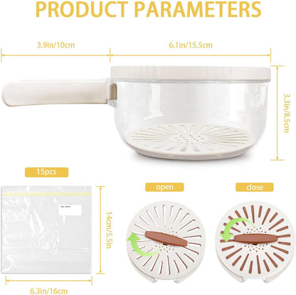 Fruit Washer Strainer Bowl with Foldable Handle, 2 in 1 Fruit Washing Bowl with Strainer with 15 Pcs Food Storage Bags, Fruit Colander Storage Container for Kitchen Fridge Picnic, Brown