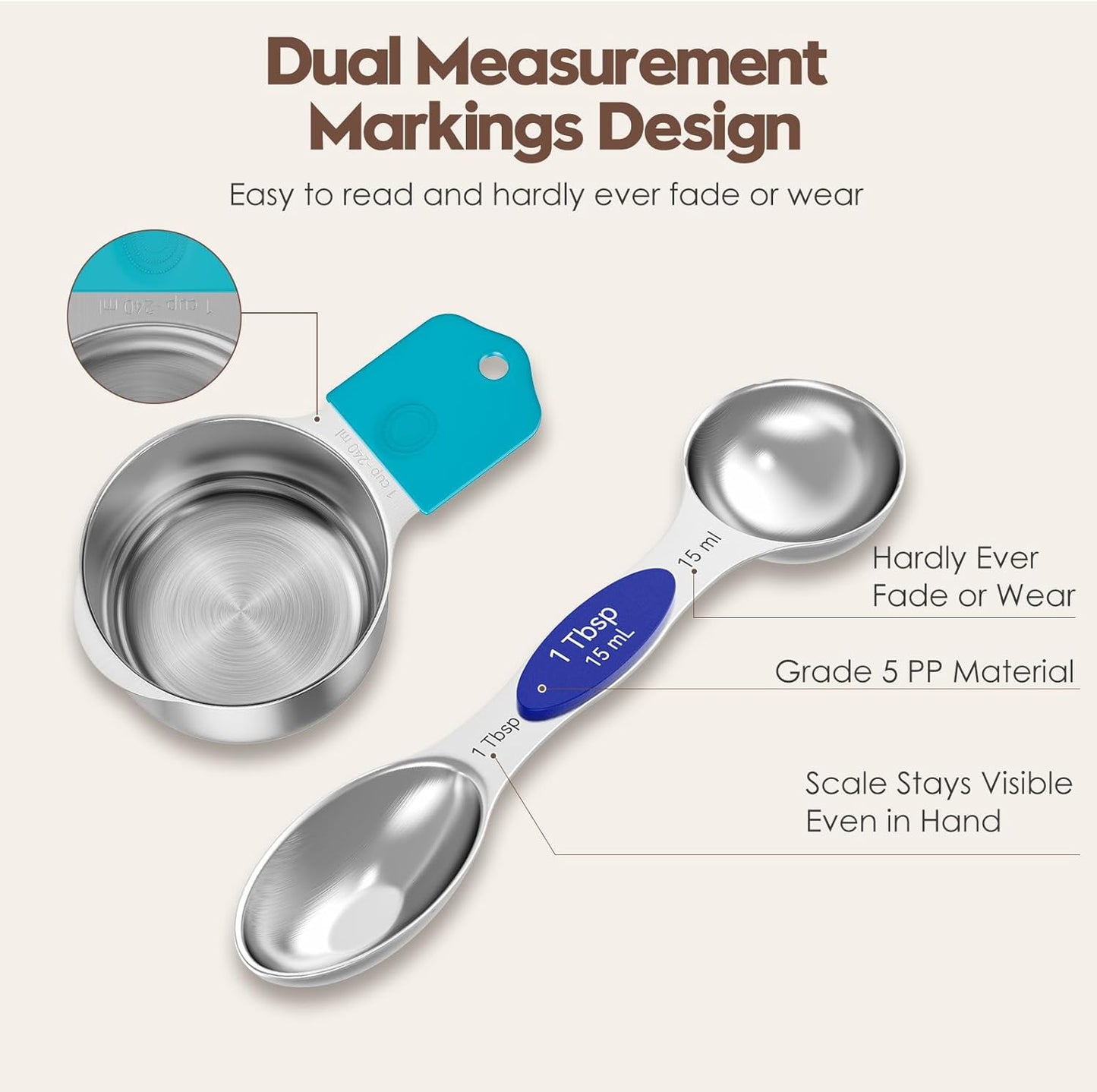 Magnetic Measuring Cups and Spoons Set - 304 Stainless Steel | Dual-sided Design | Set of 15 with Leveler | Strong N52 Magnetic Nesting Design | for Dry & Liquid Ingredients (Black)