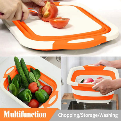 Collapsible Cutting Board, Foldable Chopping Board with Colander, Multifunctional Kitchen Vegetable Washing Basket Silicone Dish Tub for BBQ Prep/Picnic/Camping(Light Blue)