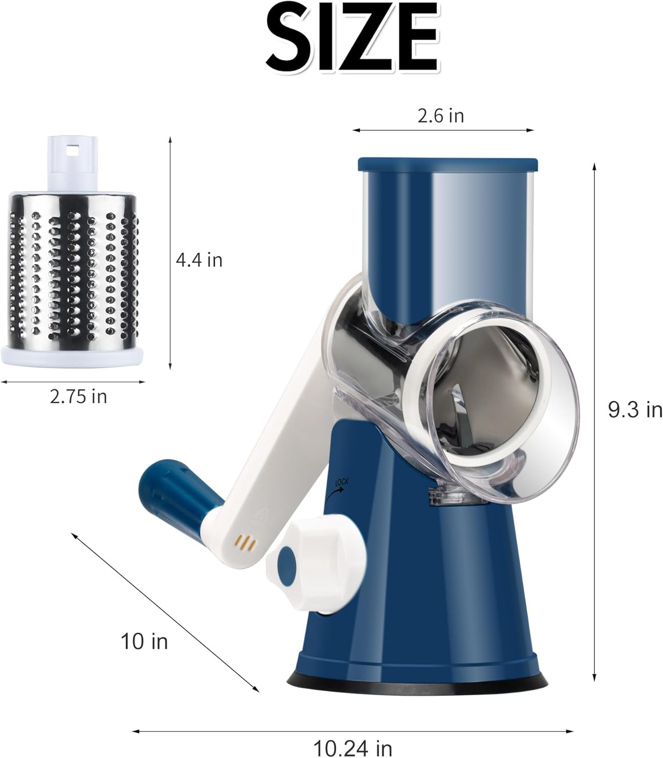 Ourokhome Rotary Cheese Grater Hand Crank, Kitchen Shredder Speed Mandolin Slicer Nut Grinder with Handle and Drum Blades for Cheese, Vegetable, Walnut, Chocolate, Potato, Carrot, 3 Blades, Dark Blue