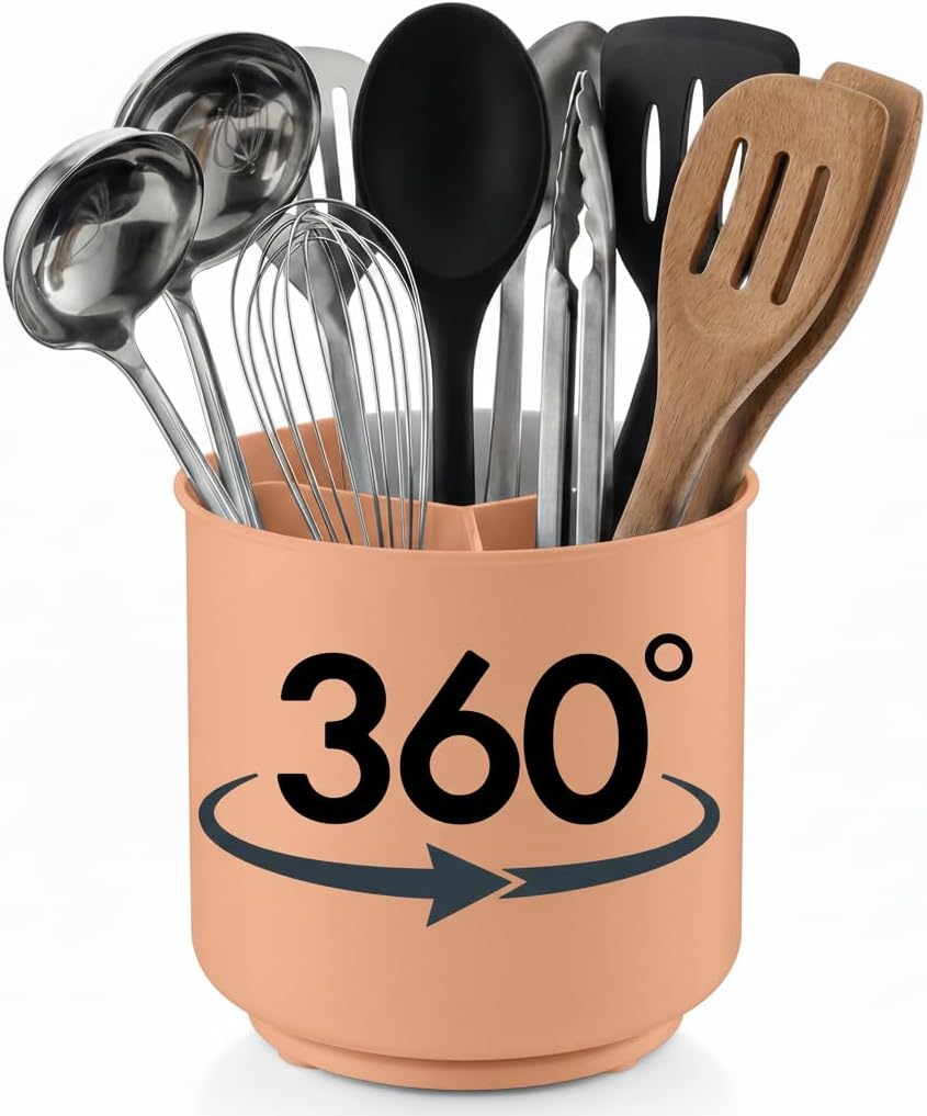 Cooler Kitchen Jumbo Extra Large Sturdy Rotating Black Utensil Holder Caddy with No-Tip Weighted Base, and Gripped Insert - Rust Proof and Dishwasher Safe Kitchen Utensils Holder
