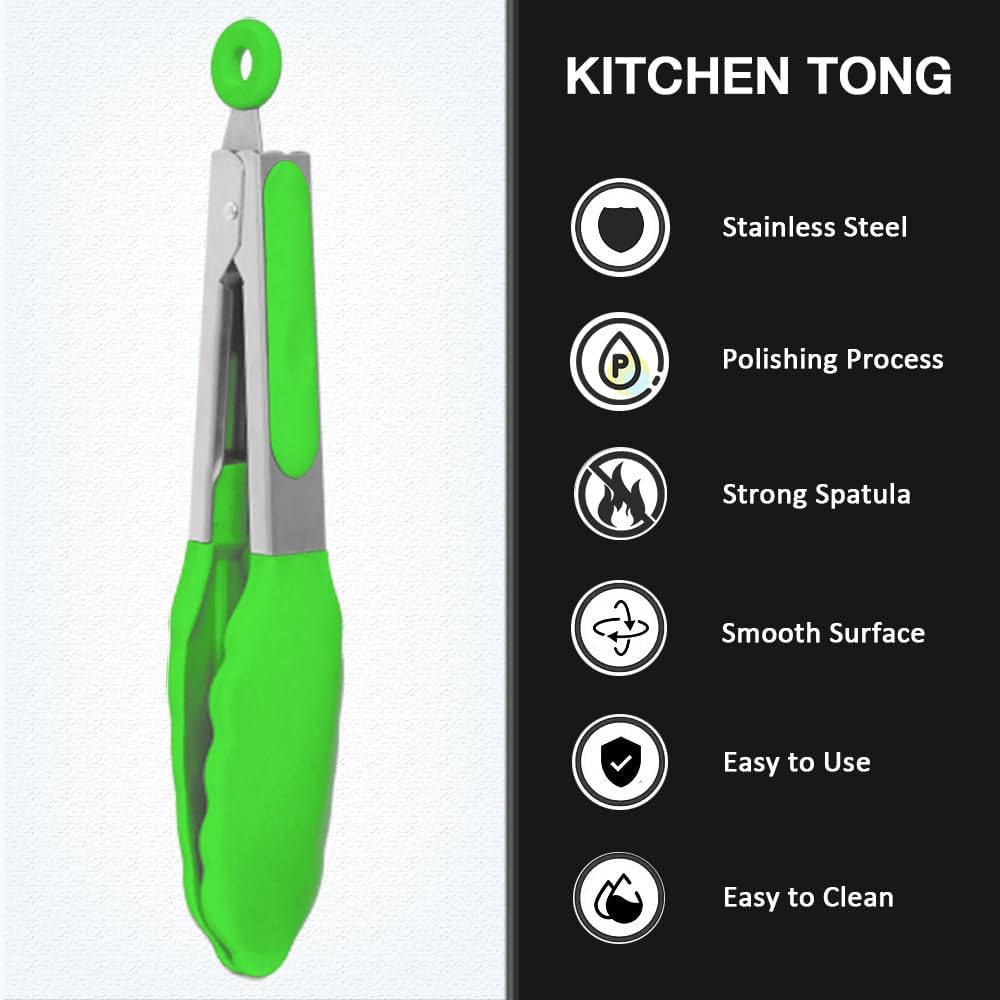 Mini Silicone Serving Tongs Set of 3, Small Kitchen Tongs (7 inch) with Silicone Tips and Stainless Steel Handle, Cooking Tongs for Salads, Pasta, Steaks, Vegetables