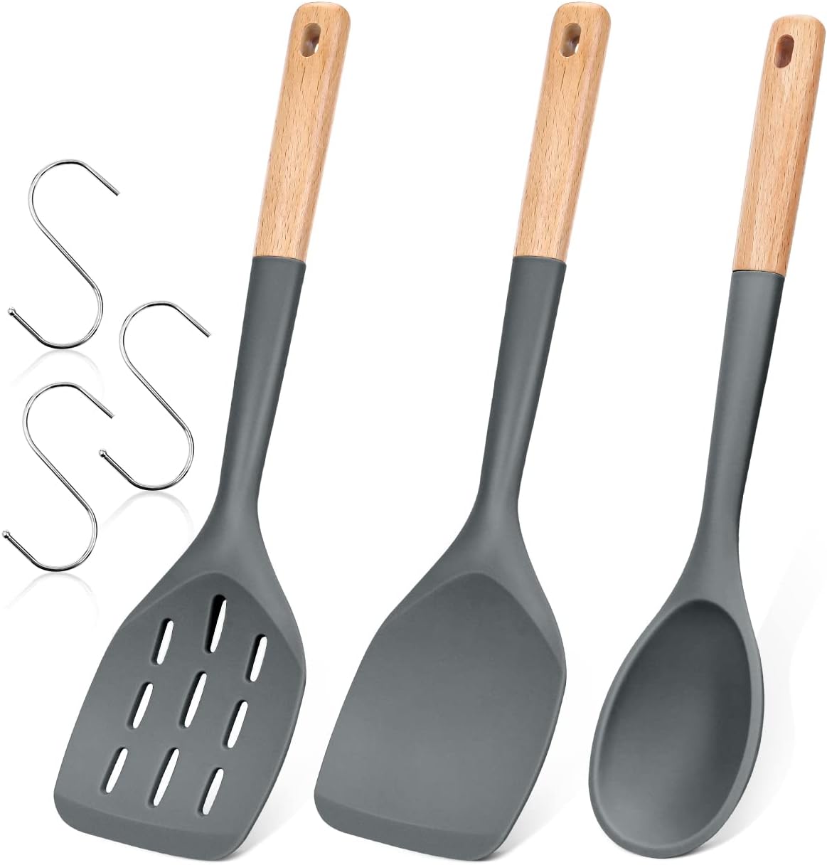 Badiano Pack of 3 Silicone Spatula, Non Stick Cooking Utensil Set, Wooden Handle Kitchen Turner for Baking Mixing Grilling Serving Food Heat Resistant, Black
