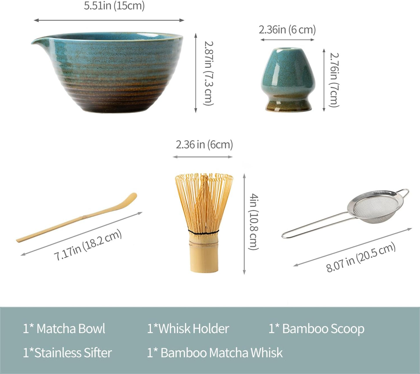 Traditional Matcha Tea Ceremony Set with Ceramic Bowl, Bamboo Whisk, Stand and Strainer, 5-Piece (yellow)