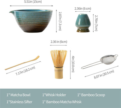 Traditional Matcha Tea Ceremony Set with Ceramic Bowl, Bamboo Whisk, Stand and Strainer, 5-Piece (yellow)