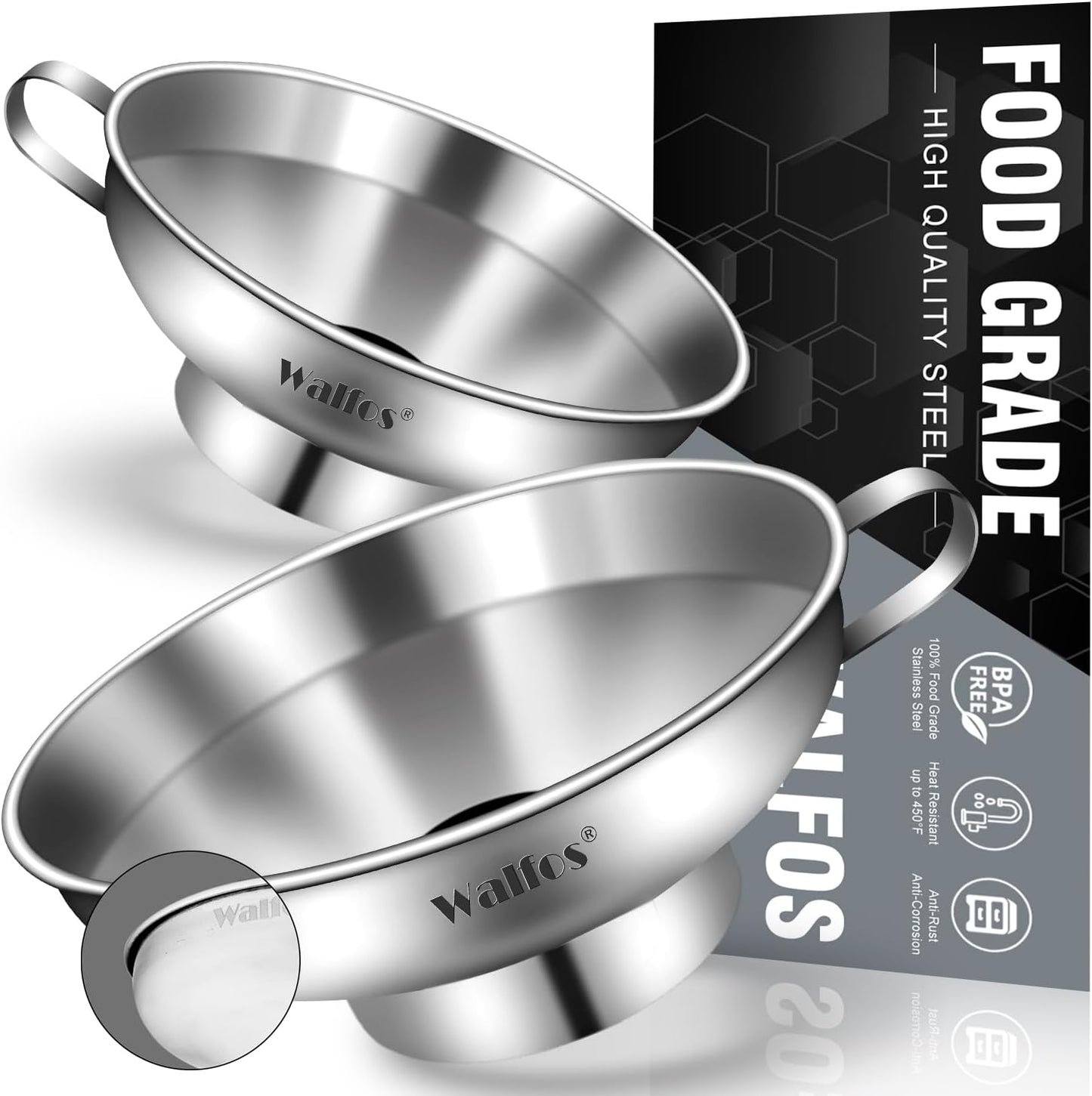 Stainless Steel Funnel, Walfos 3 Pack Kitchen Funnel with 2 Removable Strainer ＆ 1Pcs Cleaning Brush, Perfect for Transferring of Liquid, Oils, Jam, Dry Ingredients & Powder