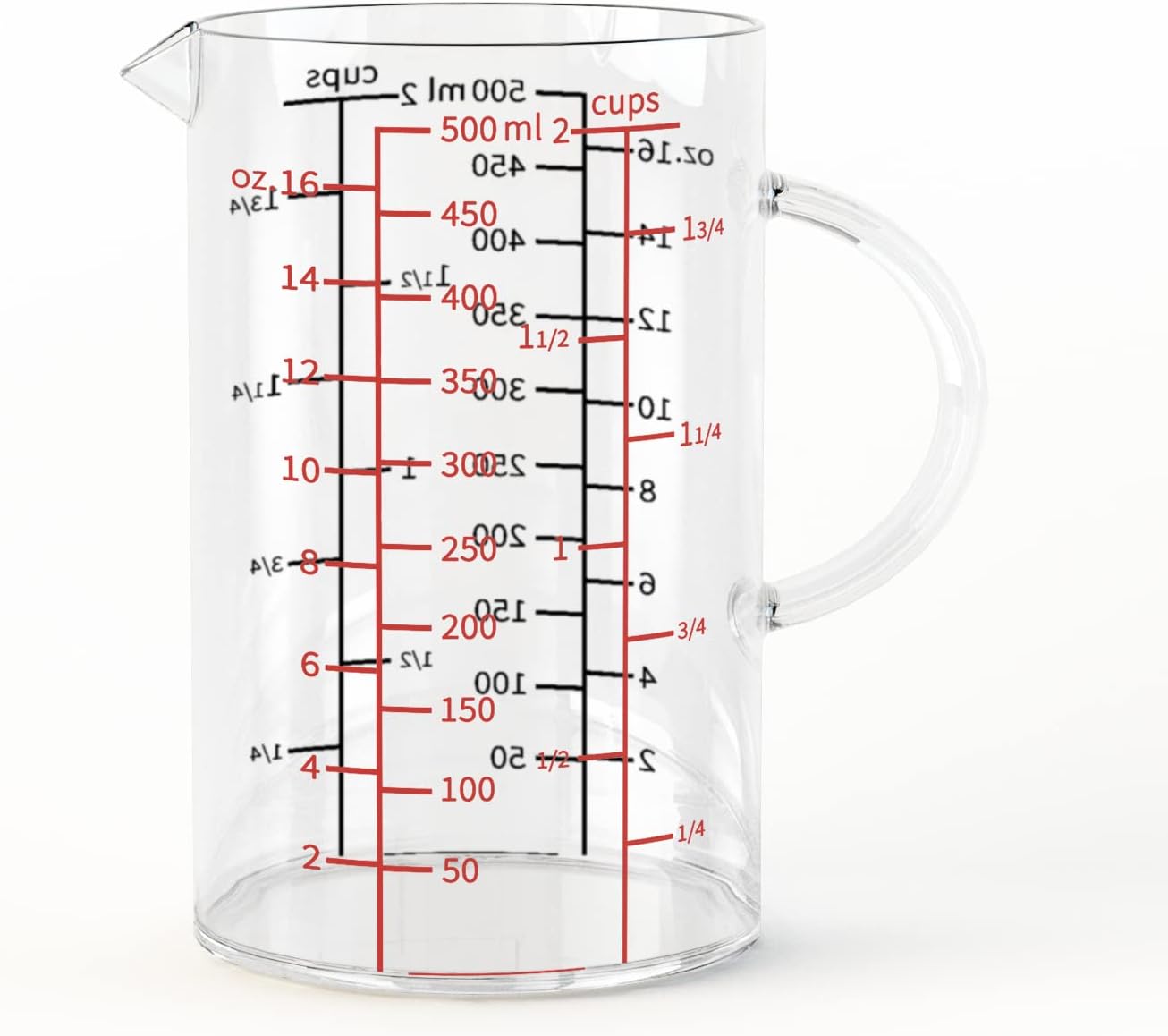 77L Glass Measuring Cup, [Insulated handle, V-Shaped Spout], High Borosilicate Glass Measuring Cup for Kitchen or Restaurant, Easy To Read, 500 ML (0.5 Liter, 2 Cup)