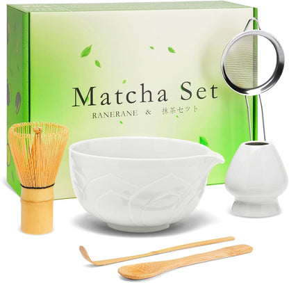 Matcha Whisk Set, Sakura Blue Ceramic Matcha Set Includes Matcha Bowl, Matcha Whisk (Chasen) and Holder, Sifter, Bamboo Scoop & Spoon - 6 Pcs Matcha Kit for Matcha Lovers