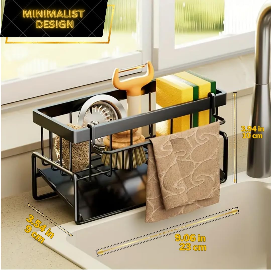 Black Kitchen Sink Caddy Organizer - Sponge Caddy with Self-Draining Tray, Stainless Steel Sink Caddy Kitchen Sink Organizer, Non-Slip Sink Drying Rack for Dishwashing Supplies