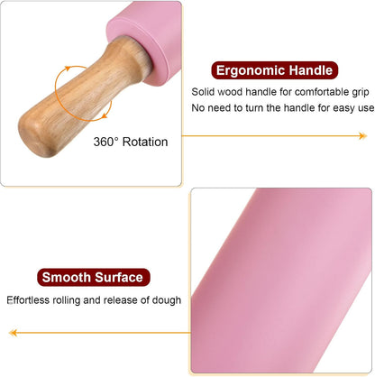 HARFINGTON Silicone Rolling Pins for Baking 12.2 Inch Non-Stick Silicone Surface Wooden Handle Rolling Pin Small Roller Playdough Rolling Pins for Fondant Kitchen Dough Pizza, Green
