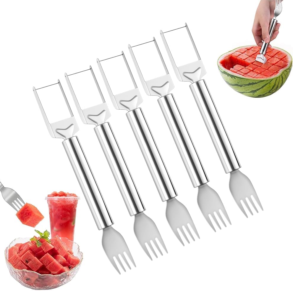 2-in-1 Stainless Steel Fruit Cutter, Watermelon Fork Slicer Tool, Watermelon Slicer and Fork, Dual Head Knife with Round Handle for Kitchen Fruit Cubes (1 Piece)