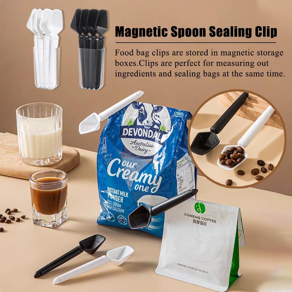 Ouliget Three in One Function Plastic Coffee Measuring Spoon Sealing Clip,Magnetic Wall Container Magnet Clips,Food Freshness Bag Clip Powder Tea Scoop,2 Pieces of 8