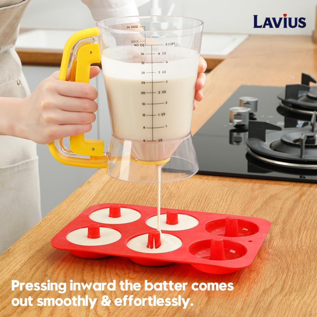 Pancake Batter Dispenser 5-Cup Batter Pourer for Maker Pancakes, Waffles, Crepes, Muffins, Cupcakes, Easy Squeeze Grip Handle with Proof Nozzle, Precise Baking Tools (Black)