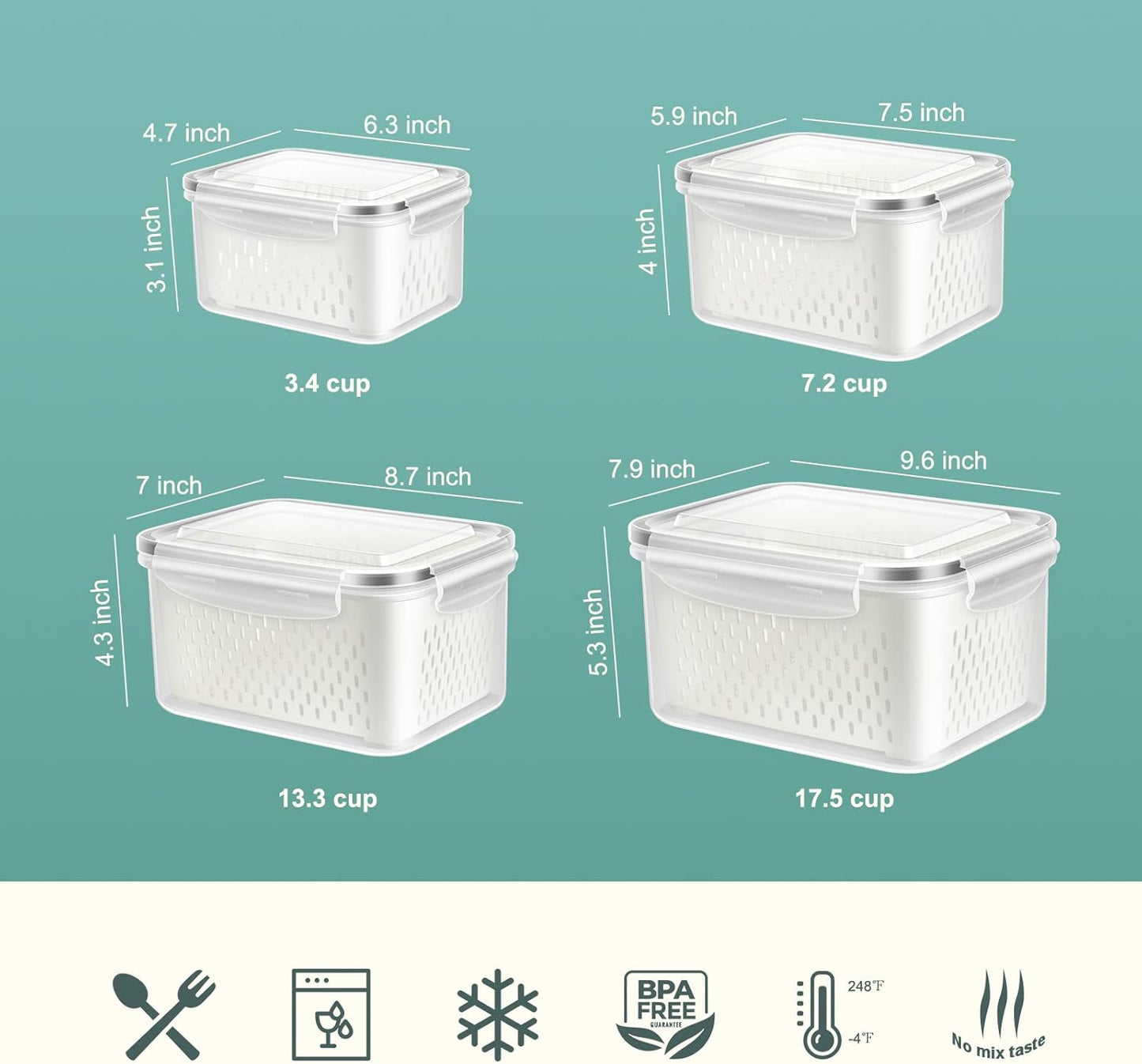 12 Pieces Fruit Storage Containers For Fridge, 6 Pack BPA-Free Fresh Food Containers with Removable Colanders and Airtight Lids, Fresh for Fruit Berry Produce Vegetable, Dishwasher & Microwave Safe