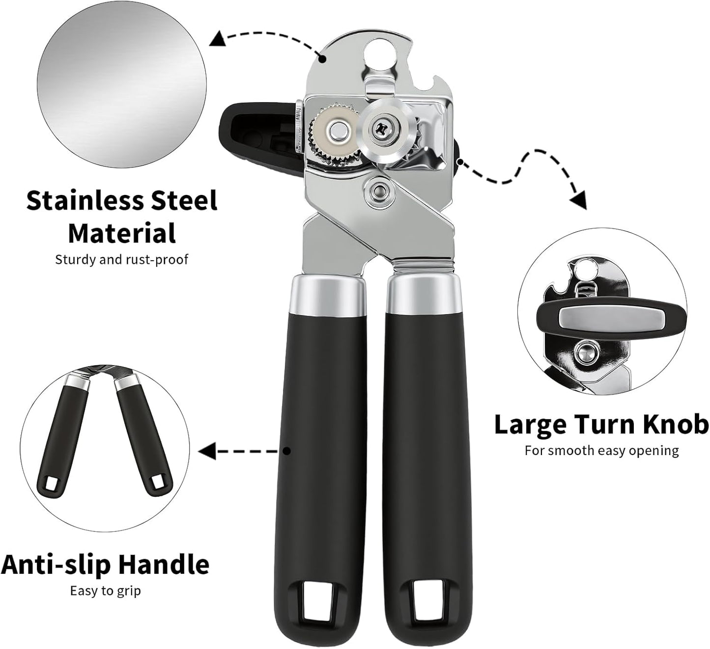 Can Opener Manual, Hand Heavy Duty Stainless Steel Bottle Opener Comfortable Handle, Sharp Blade Smooth Edge, Multifunctional Kitchen Tool, Black