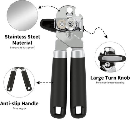 Can Opener Manual, Hand Heavy Duty Stainless Steel Bottle Opener Comfortable Handle, Sharp Blade Smooth Edge, Multifunctional Kitchen Tool, Black
