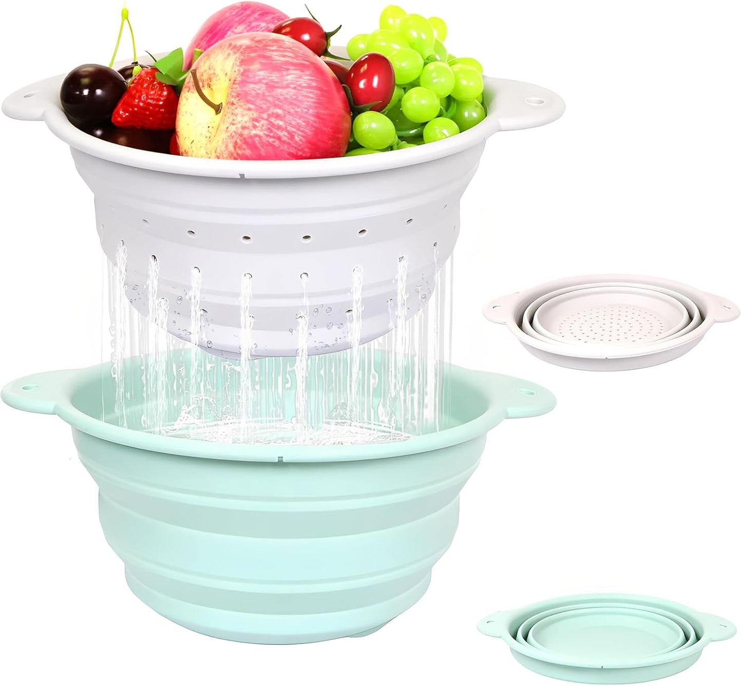 Collapsible Silicone Colander Basin Set, Thickened Strainer bowl, for Kitchen, RV, Camping, Draining Pasta, Washing Fruit, Vegetable