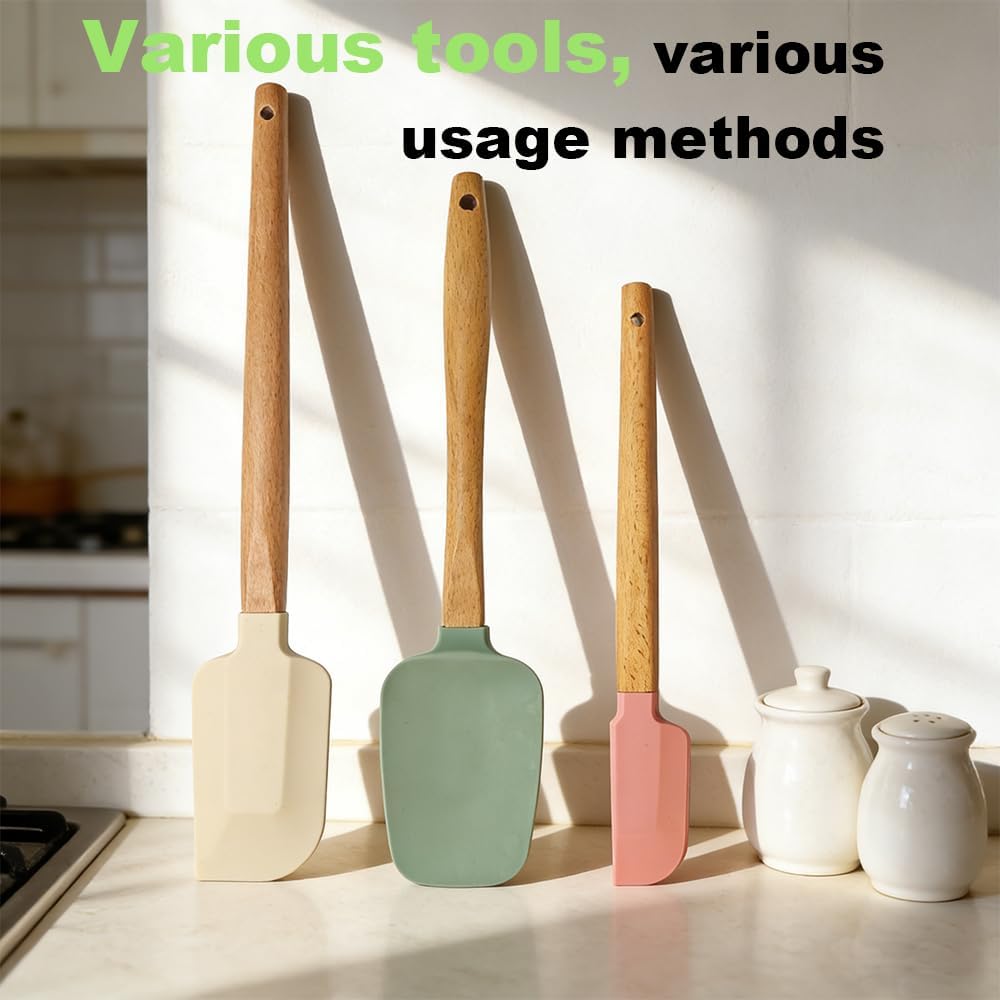 3PCS Silicone Spatula Wooden Handle Set, Heat Resistant Silicone Spatula, Spatulas Silicone Heat Resistant Wood, Rubber Spatula for Baking Non-Stick Cooking Mixing, Beige & Green & Pink