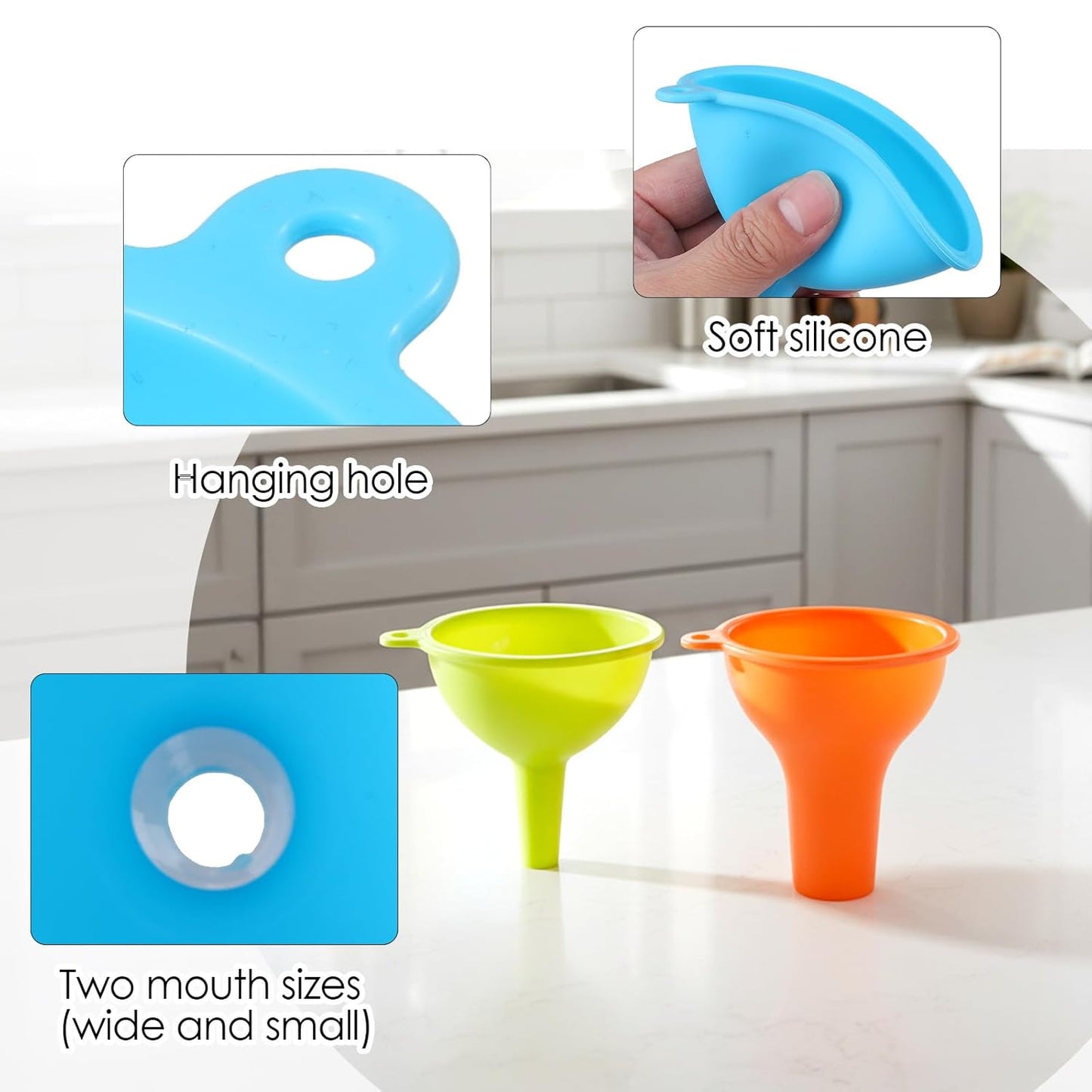 4 Pcs Silicone Kitchen Funnels - Flexible Condiment Sauce Canning Wide Mouth Funnel - Funnels for Kitchen Use Filling Bottles Jars Cans Powder Liquid Spices