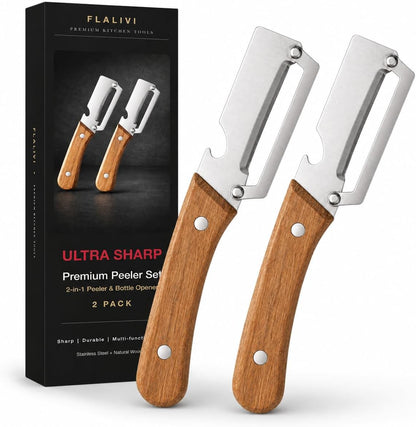 2-in-1 Multifunctional Vegetable Peeler, Wooden Handle & Bottle Opener Stainless Steel Potato Peeler, Kitchen Peeler for Fruits and veggies (Left Hand Version)