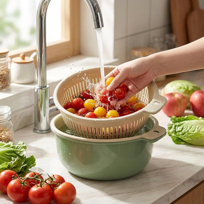 Fruits Vegetables Washing Basket, Double Layer Drain Basket Set for Kitchen Strainer Colander Bowl Cleaning Washing Mixing for Food Fruit Vegetables Pasta Spaghetti（Green）