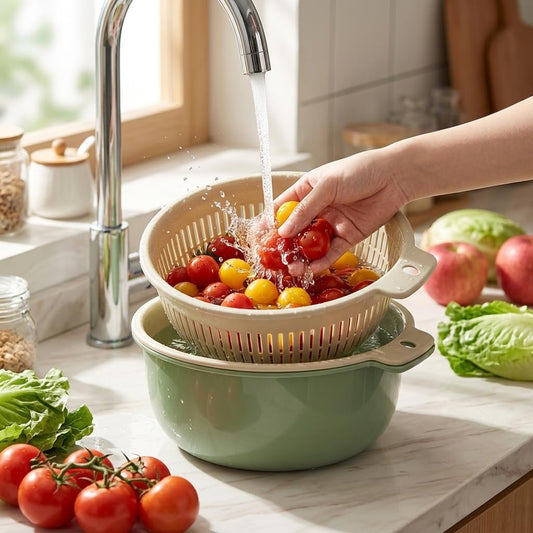 Fruits Vegetables Washing Basket, Double Layer Drain Basket Set for Kitchen Strainer Colander Bowl Cleaning Washing Mixing for Food Fruit Vegetables Pasta Spaghetti（Green）