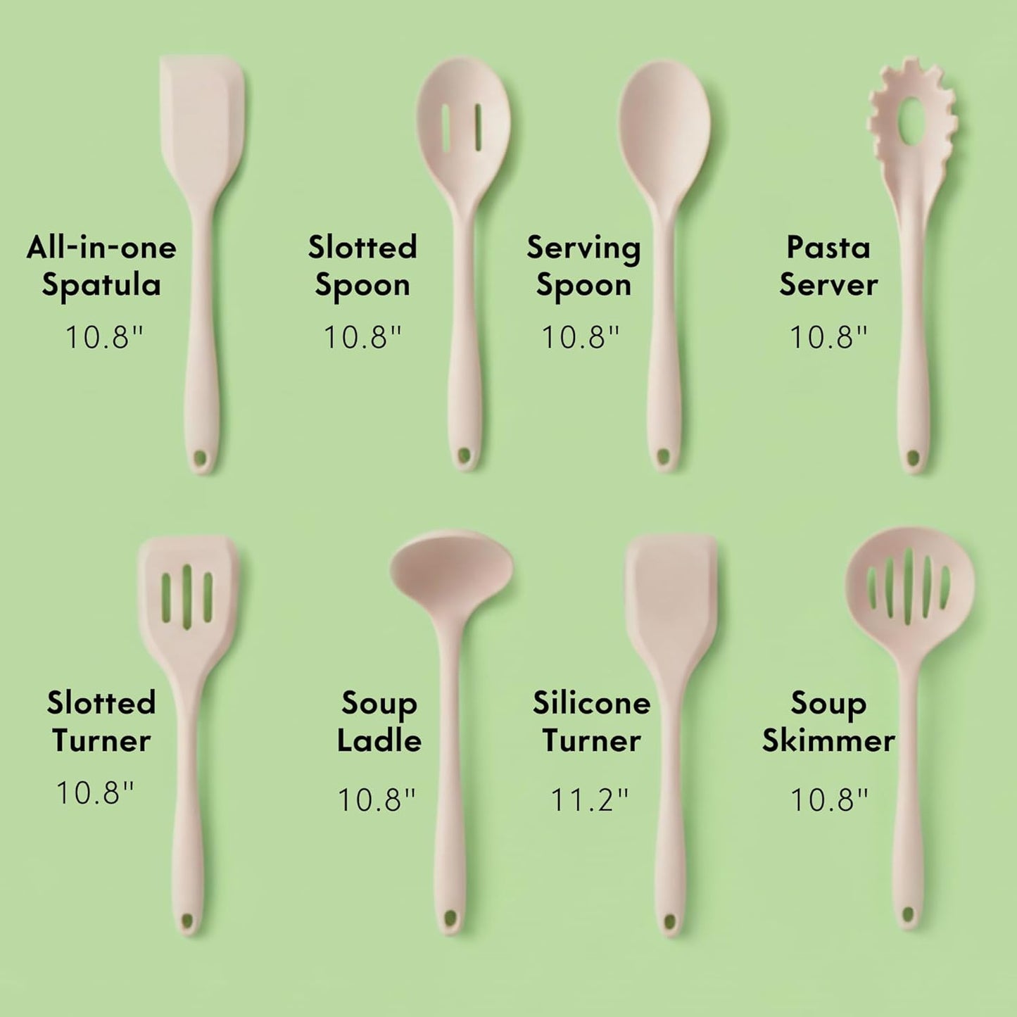 Non-Toxic Platinum Silicone Kitchen Utensil Set of 2 – Non-Scratch Cooking Spoon & Spatula, 100% Plastic Free, Stainless Steel Core, Heat Resistant 500°F, Beige